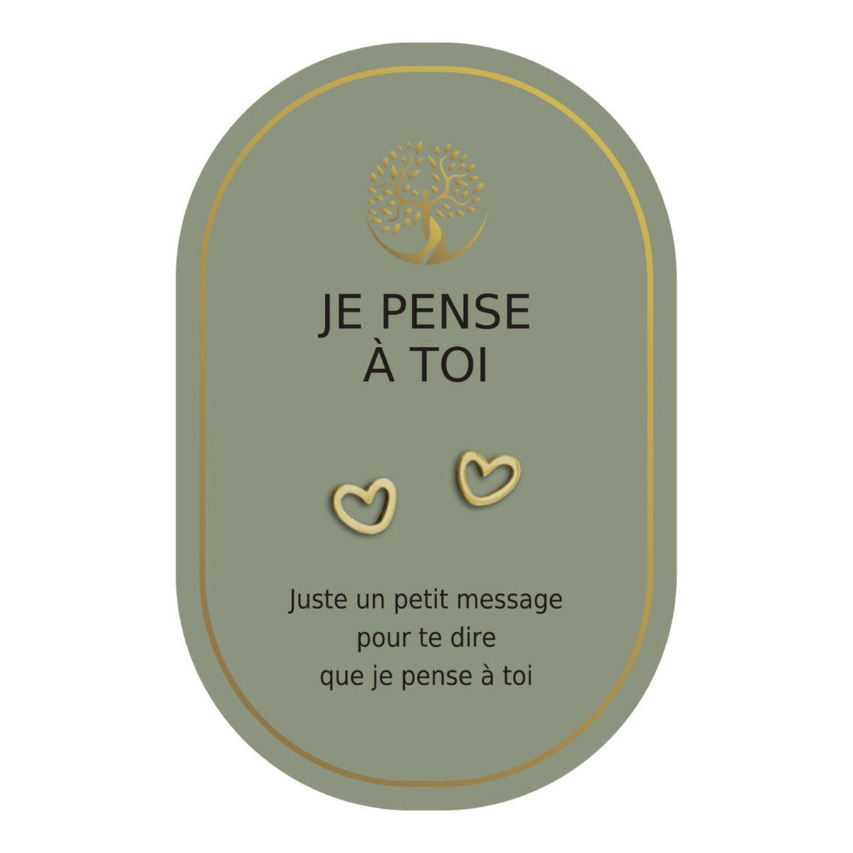 Boucles d’oreilles en cœurs dorés sur carte verte Earth Angel « Je pense à toi ».
