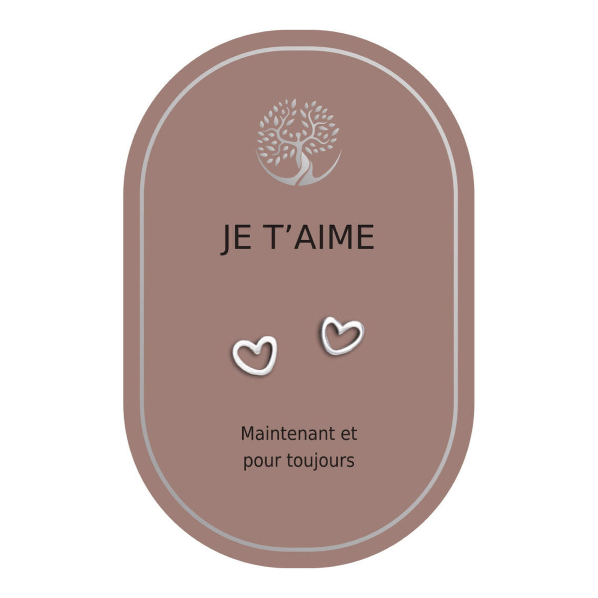 Boucles d’oreilles en cœurs argentés sur carte rose Earth Angel « Je t’aime ».