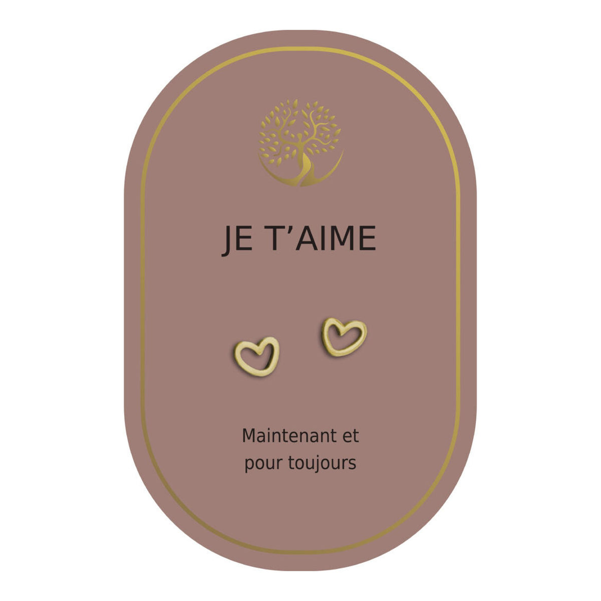 Boucles d’oreilles en cœurs dorés sur carte rose Earth Angel « Je t’aime ».