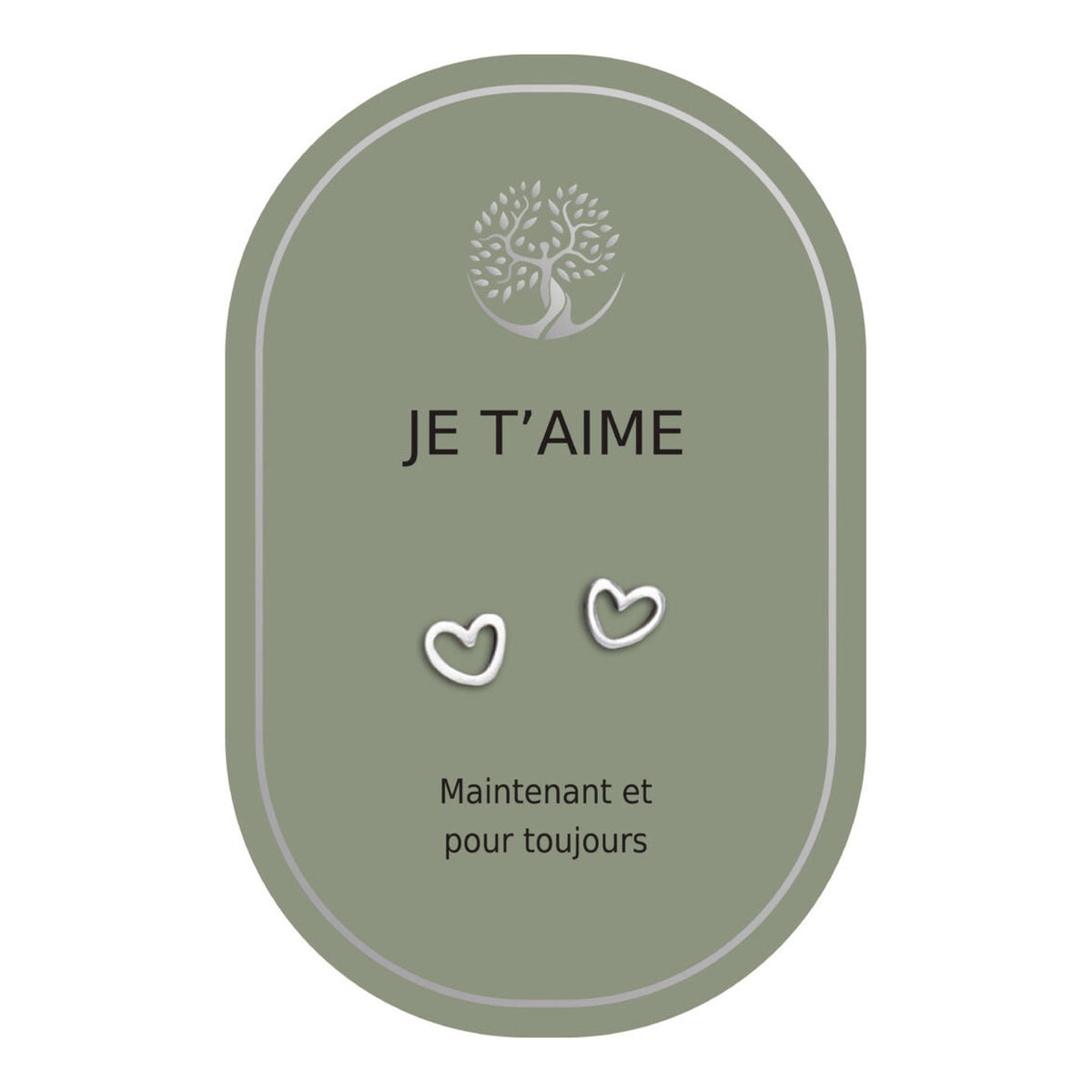 Boucles d’oreilles en cœurs argentés sur carte verte Earth Angel « Je t’aime ».