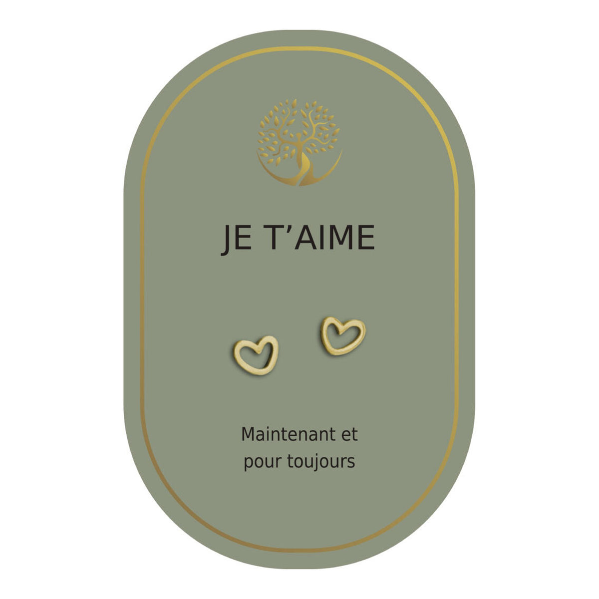 Boucles d’oreilles en cœurs dorés sur carte verte Earth Angel « Je t’aime ».