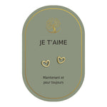 Boucles d’oreilles en cœurs dorés sur carte verte Earth Angel « Je t’aime ».