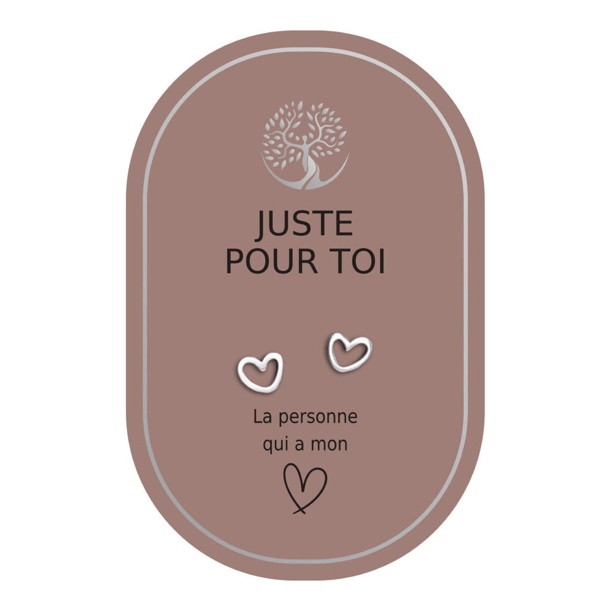 Boucles d’oreilles en cœurs argentés sur carte rose Earth Angel « Juste pour toi ».