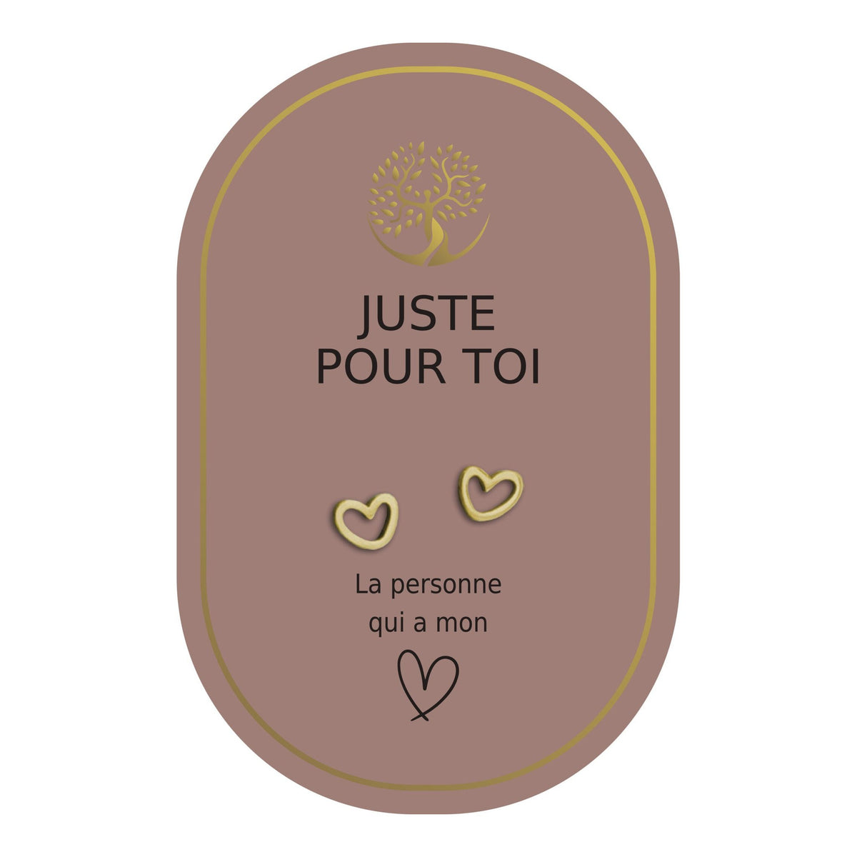 Boucles d’oreilles en cœurs dorés sur carte rose Earth Angel « Juste pour toi ».
