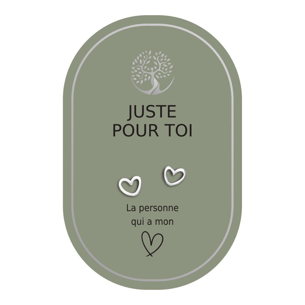 Boucles d’oreilles en cœurs argentés sur carte verte Earth Angel « Juste pour toi ».
