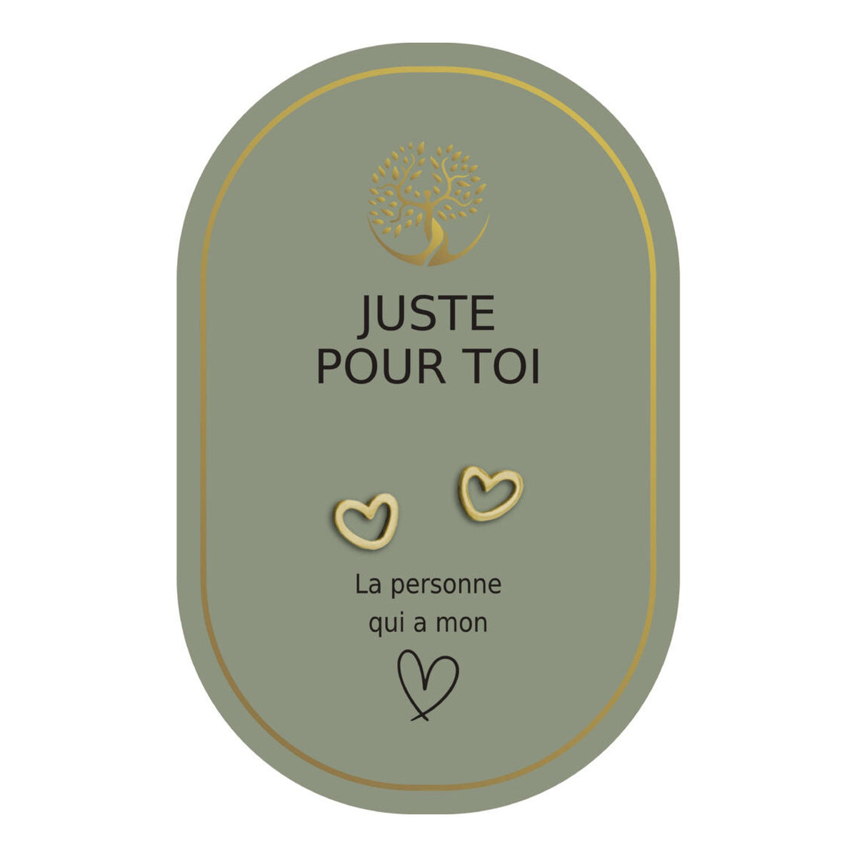 Boucles d’oreilles en cœurs dorés sur carte verte Earth Angel « Juste pour toi ».