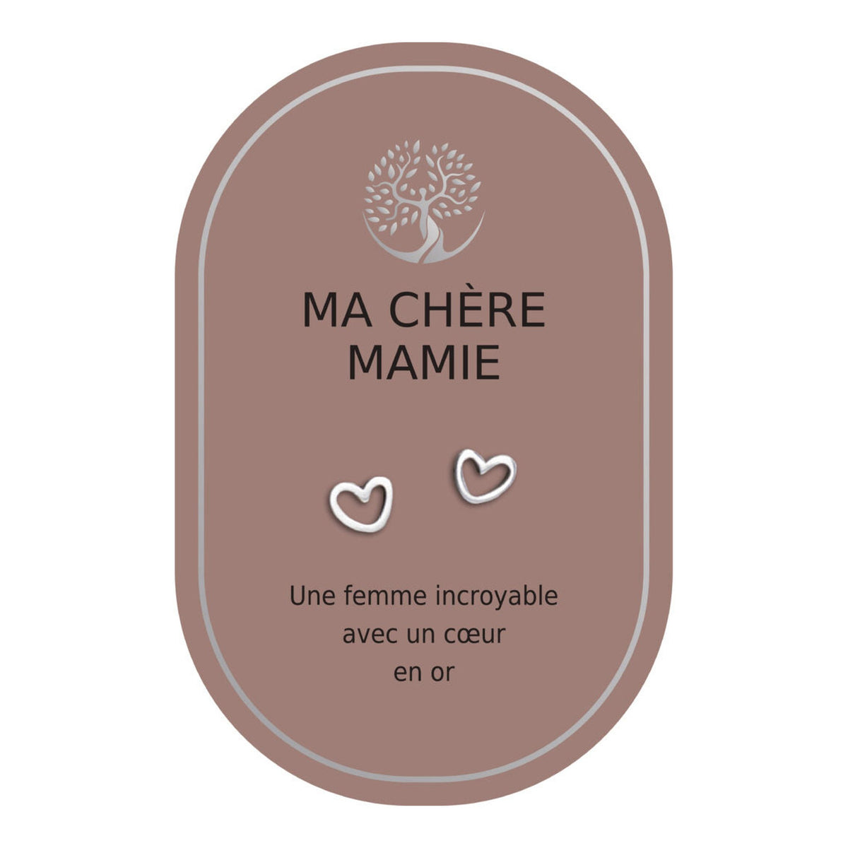 Boucles d’oreilles en cœurs argentés sur carte rose Earth Angel « Ma chère mamie ».