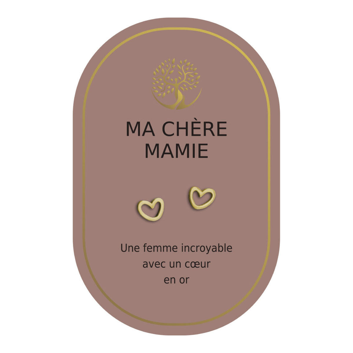 Boucles d’oreilles en cœurs dorés sur carte rose Earth Angel « Ma chère mamie ».