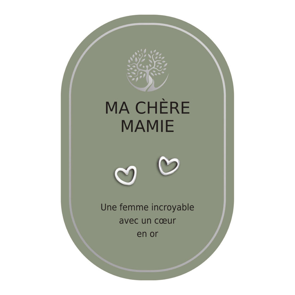 Boucles d’oreilles en cœurs argentés sur carte verte Earth Angel « Ma chère mamie ».