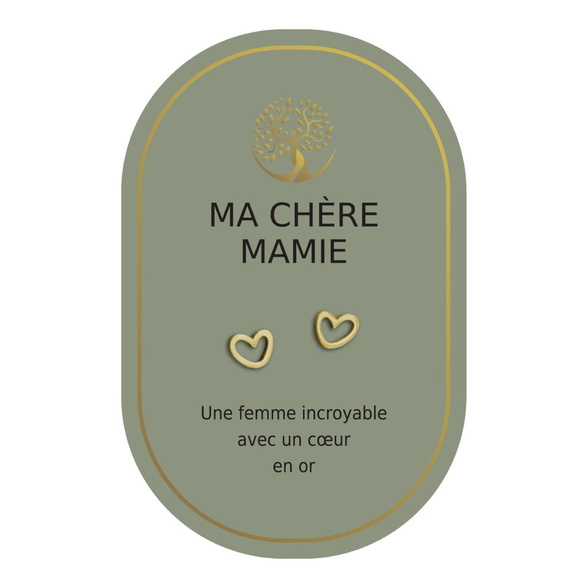 Boucles d’oreilles en cœurs dorés sur carte verte Earth Angel « Ma chère mamie ».