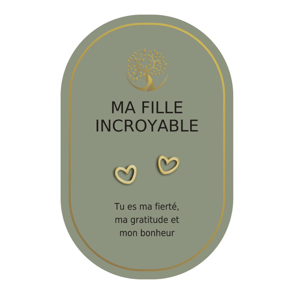Boucles d’oreilles en cœurs dorés sur carte verte Earth Angel « Ma fille incroyable ».