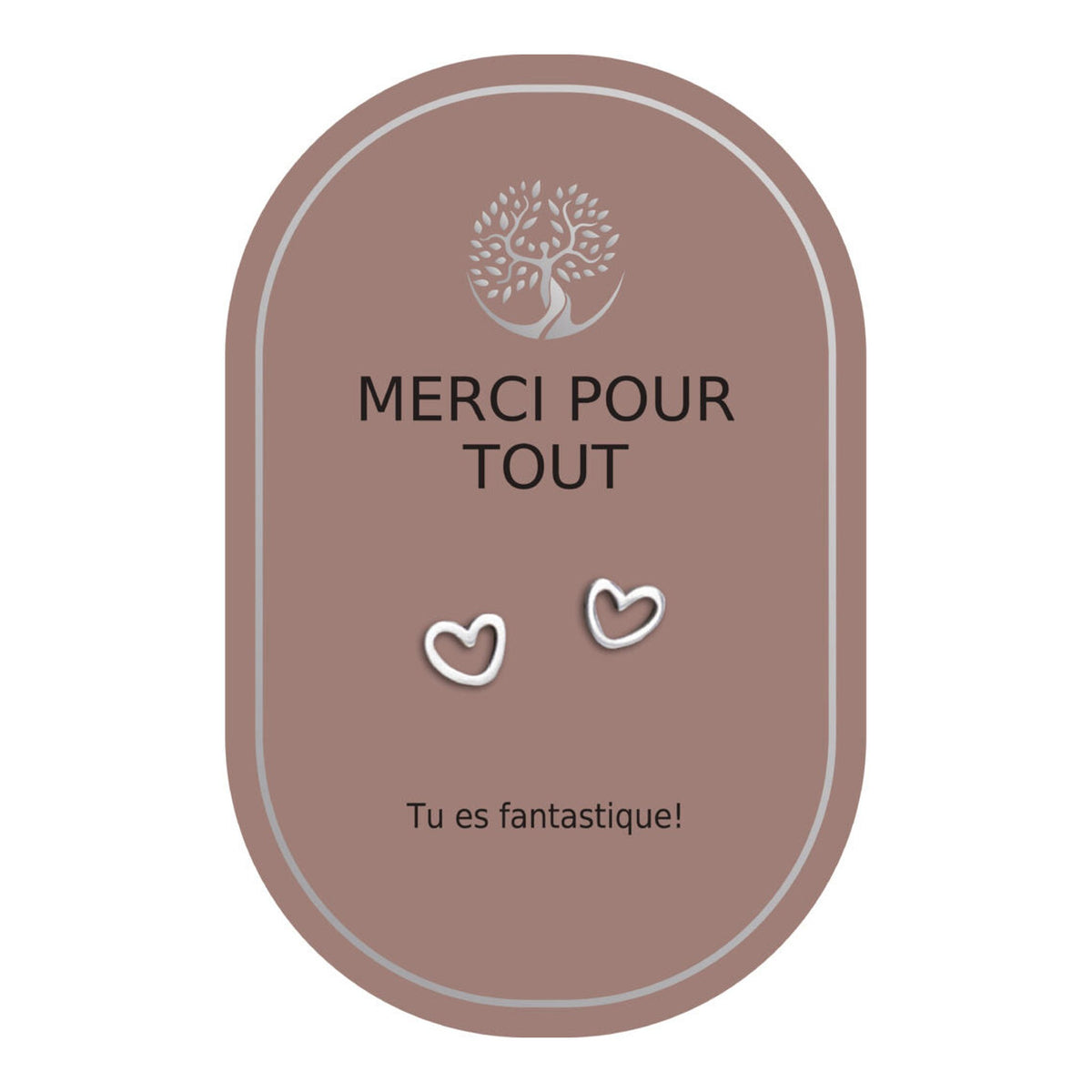 Boucles d’oreilles en cœurs argentés sur carte rose Earth Angel « Merci pour tout ».