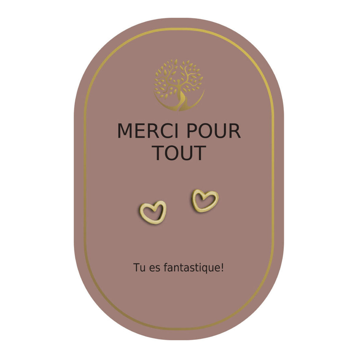 Boucles d’oreilles en cœurs dorés sur carte rose Earth Angel « Merci pour tout ».