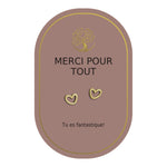 Boucles d’oreilles en cœurs dorés sur carte rose Earth Angel « Merci pour tout ».