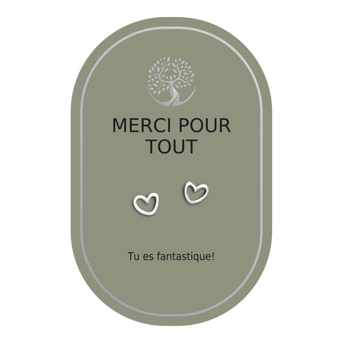 Boucles d’oreilles en cœurs argentés sur carte verte Earth Angel « Merci pour tout ».