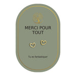 Boucles d’oreilles en cœurs dorés sur carte verte Earth Angel « Merci pour tout ».