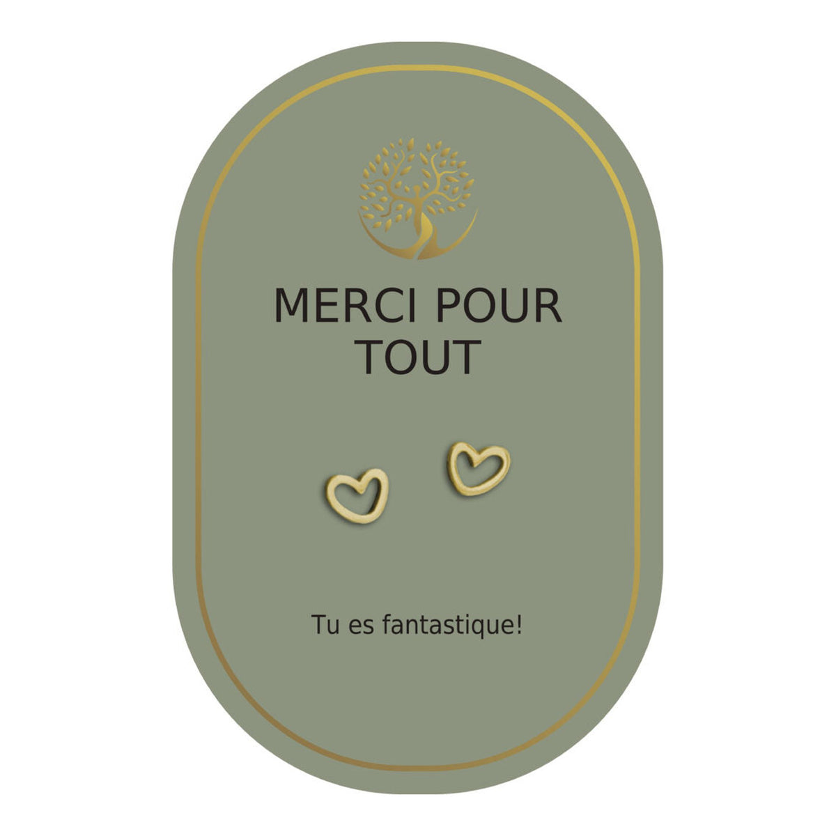Boucles d’oreilles en cœurs dorés sur carte verte Earth Angel « Merci pour tout ».