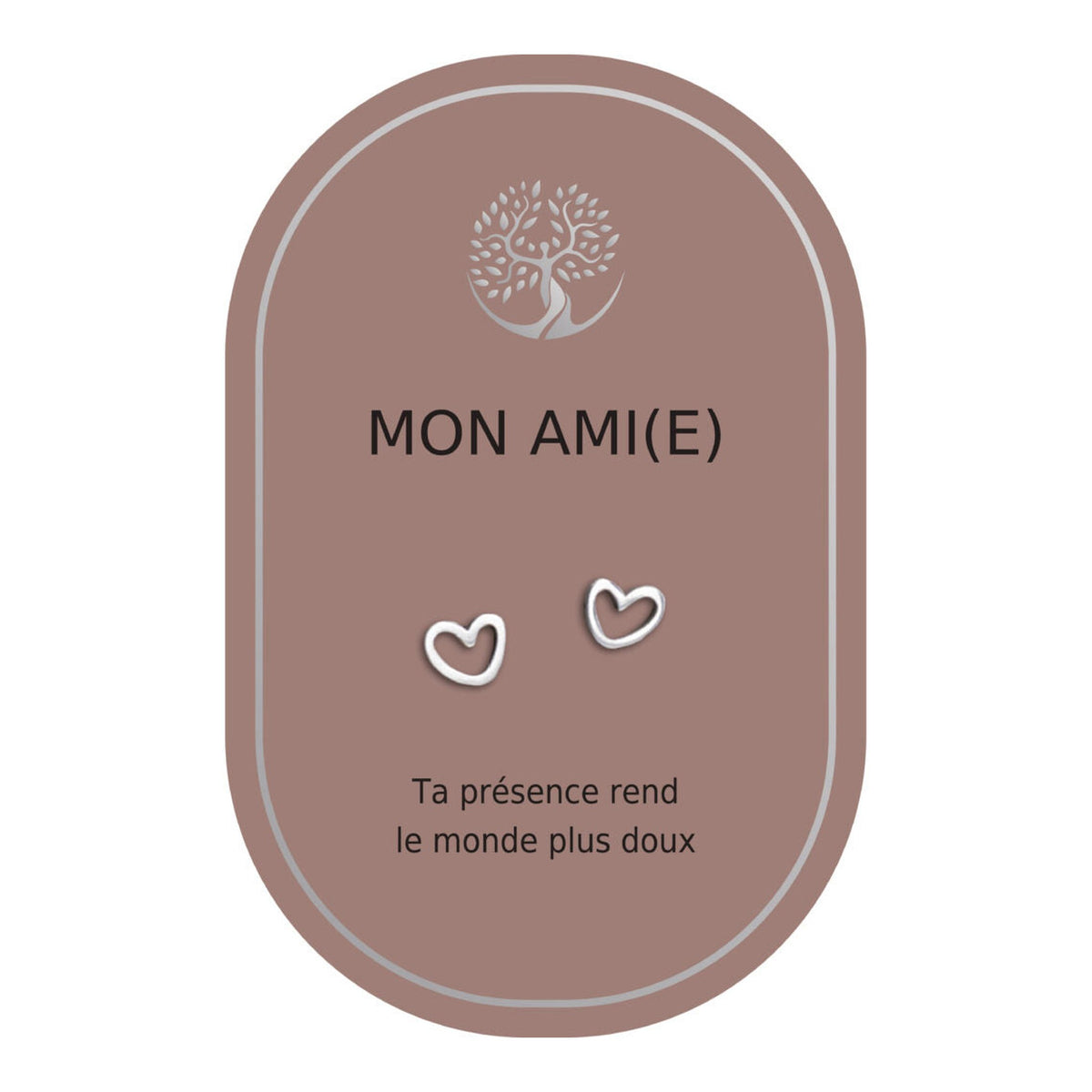 Boucles d’oreilles en cœurs argentés sur carte rose Earth Angel « Mon ami(e) ».
