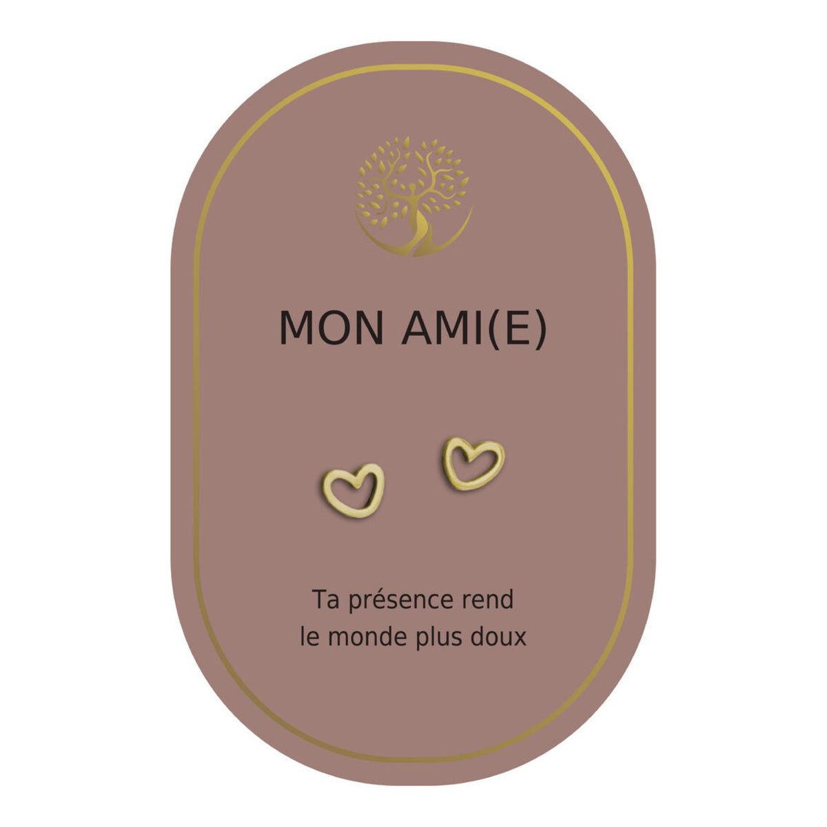 Boucles d’oreilles en cœurs dorés sur carte rose Earth Angel « Mon ami(e) ».