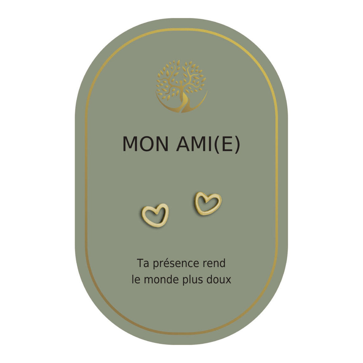 Boucles d’oreilles en cœurs dorés sur carte verte Earth Angel « Mon ami(e) ».
