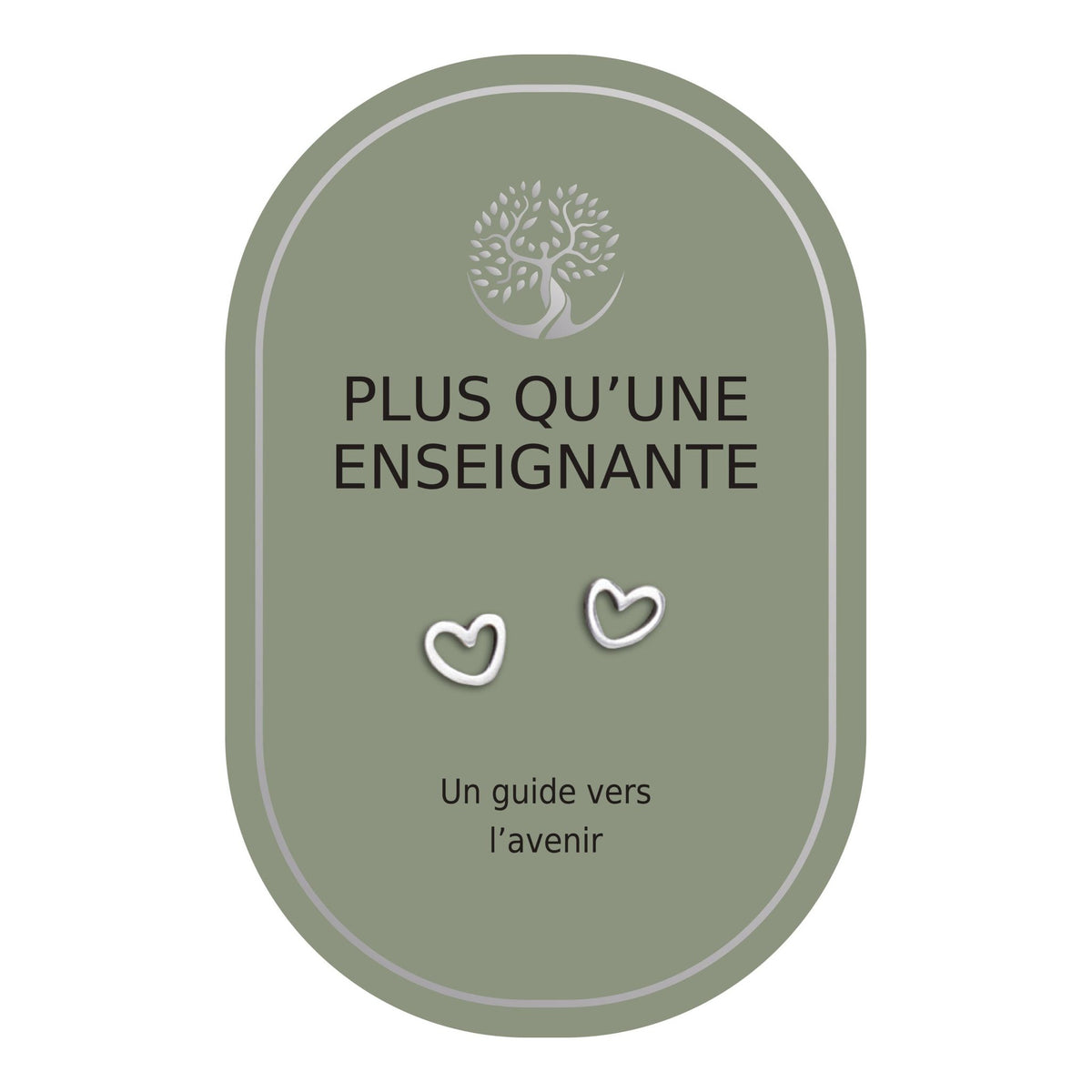 Boucles d’oreilles en cœurs argentés sur carte verte Earth Angel « Plus qu’une enseignante ».