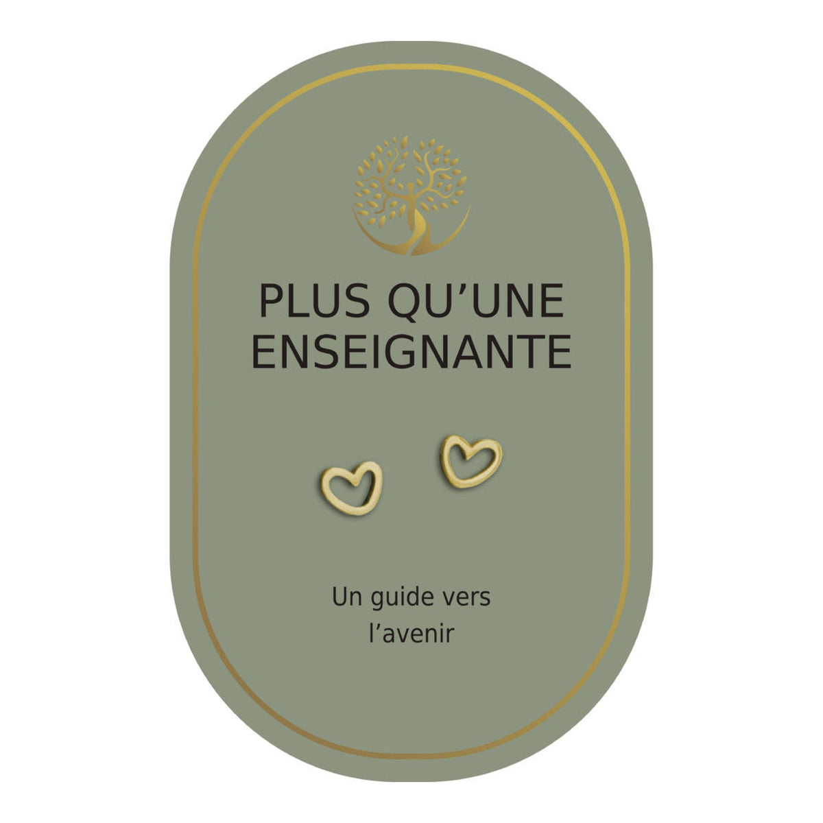 Boucles d’oreilles en cœurs dorés sur carte verte Earth Angel « Plus qu’une enseignante ».