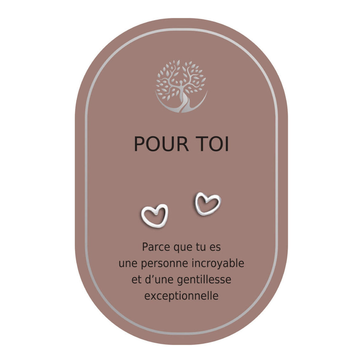 Boucles d’oreilles en cœurs argentés sur carte rose Earth Angel « Pour toi ».