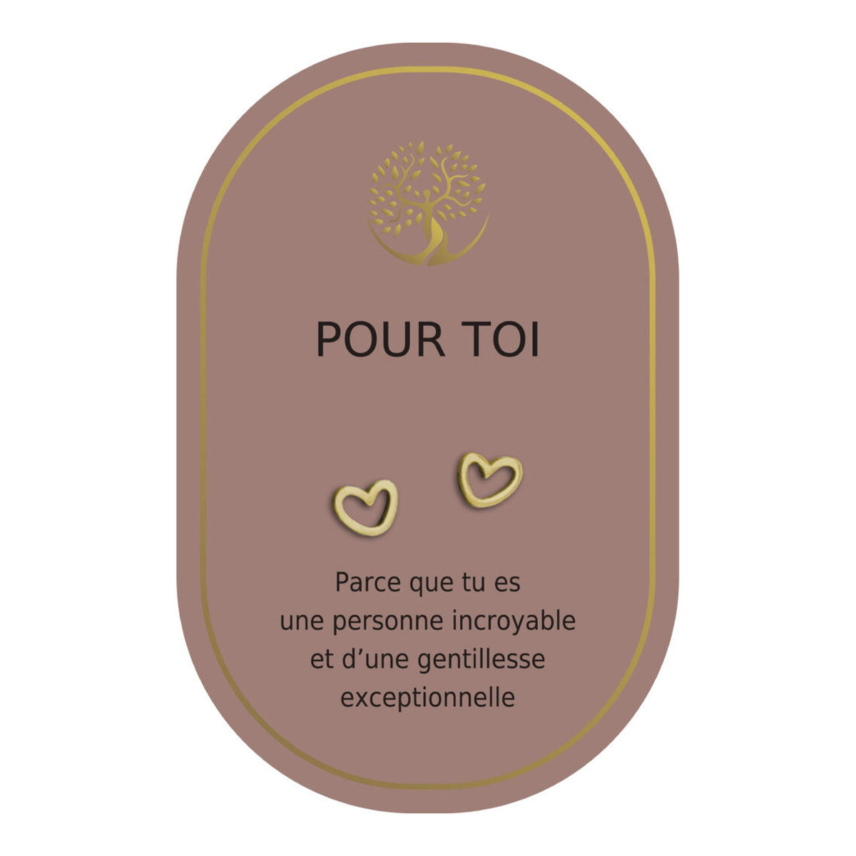 Boucles d’oreilles en cœurs dorés sur carte rose Earth Angel « Pour toi ».