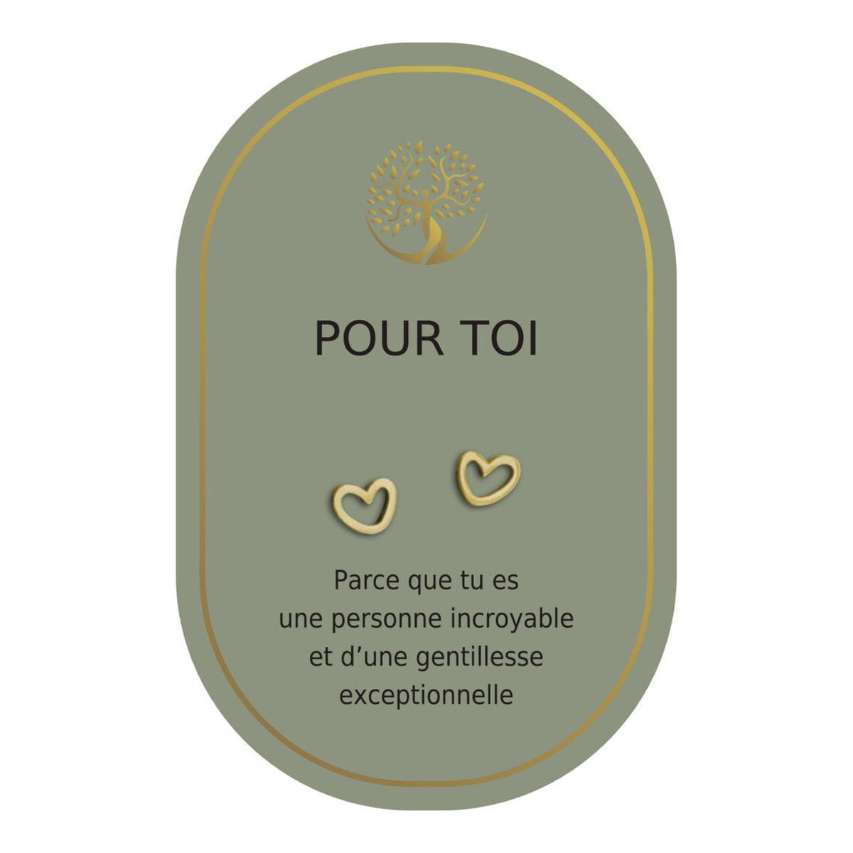 Boucles d’oreilles en cœurs dorés sur carte verte Earth Angel « Pour toi ».