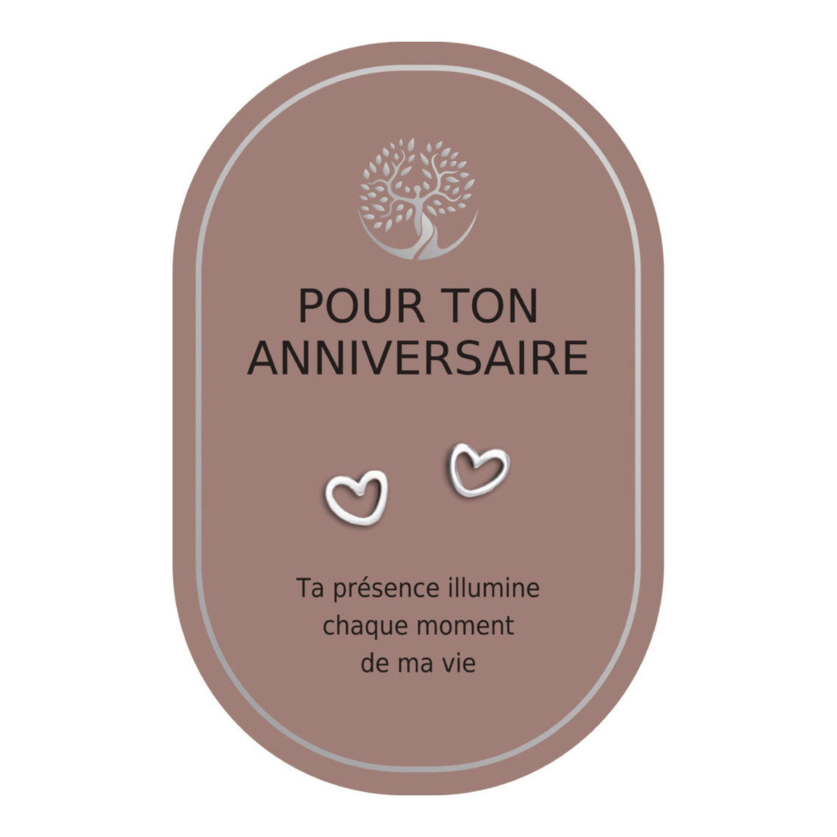 Boucles d’oreilles en cœurs argentés sur carte rose Earth Angel « Pour ton anniversaire ».