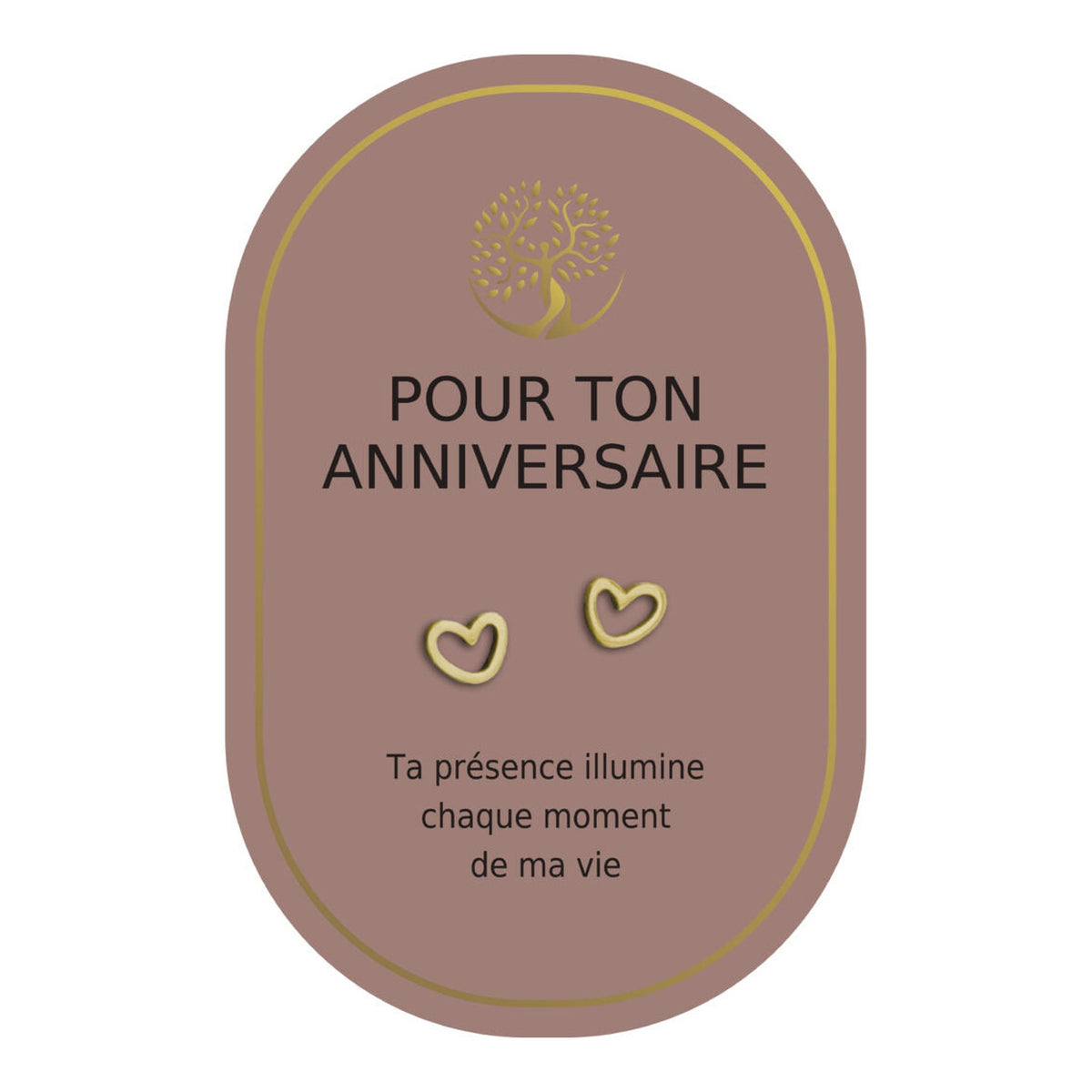 Boucles d’oreilles en cœurs dorés sur carte rose Earth Angel « Pour ton anniversaire ».