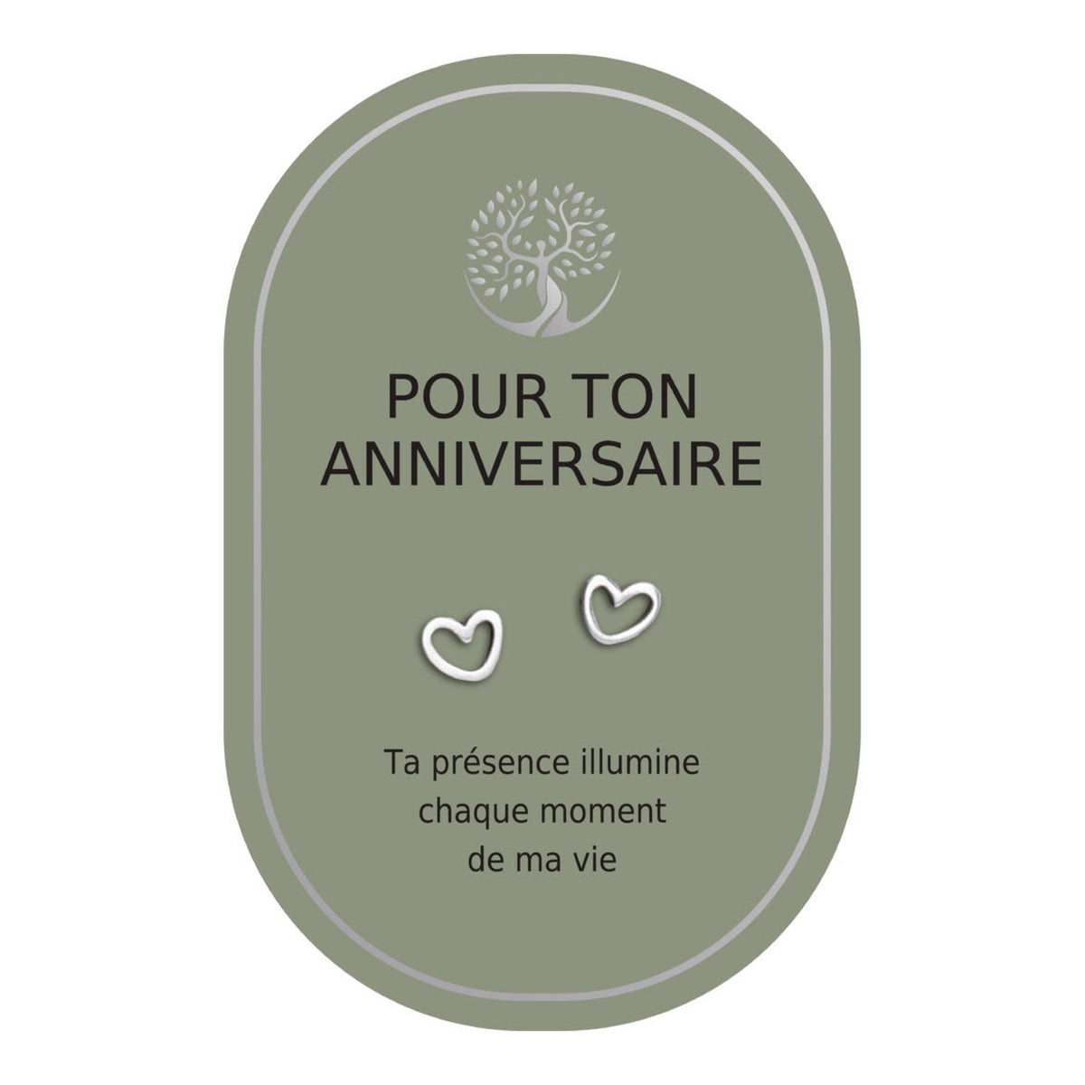 Boucles d’oreilles en cœurs argentés sur carte verte Earth Angel « Pour ton anniversaire ».