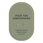 Boucles d’oreilles en cœurs dorés sur carte verte Earth Angel « Pour ton anniversaire ».