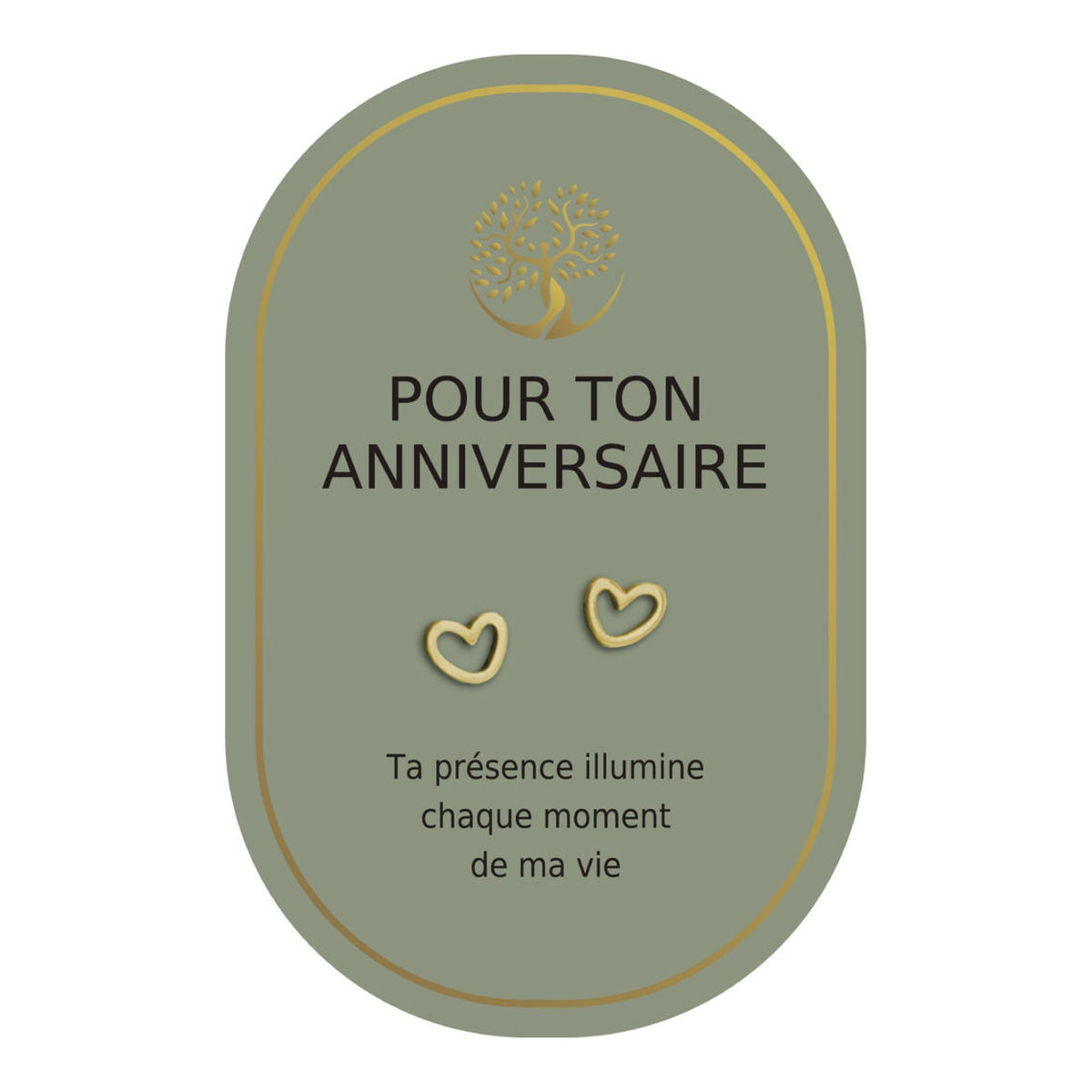 Boucles d’oreilles en cœurs dorés sur carte verte Earth Angel « Pour ton anniversaire ».