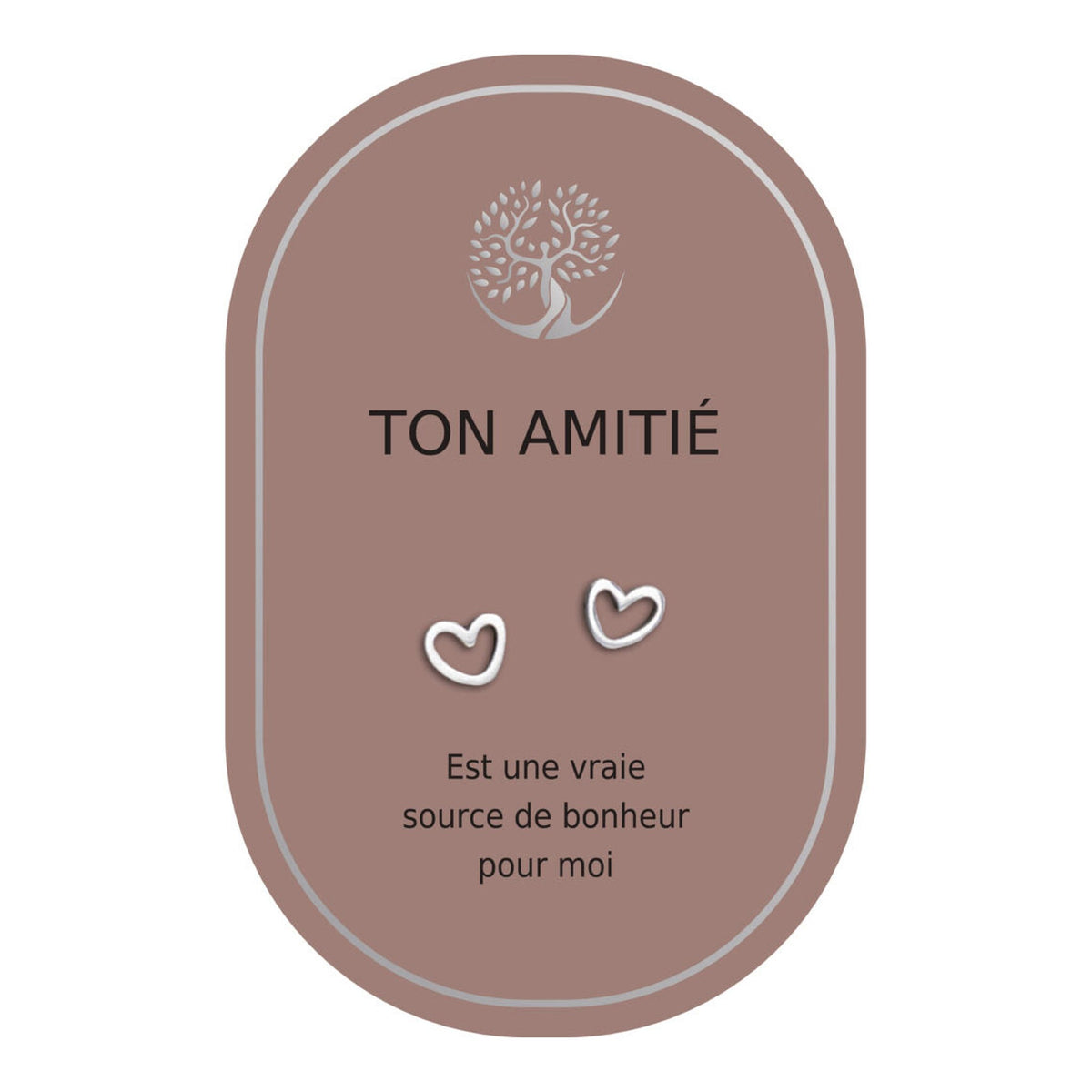 Boucles d’oreilles en cœurs argentés sur carte rose Earth Angel « Ton amitié ».
