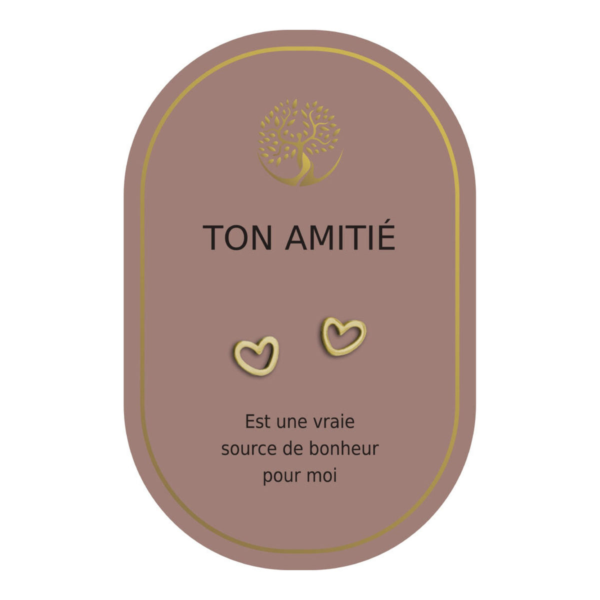Boucles d’oreilles en cœurs dorés sur carte rose Earth Angel « Ton amitié ».