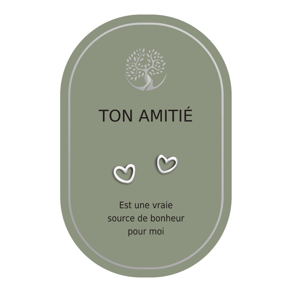 Boucles d’oreilles en cœurs argentés sur carte verte Earth Angel « Ton amitié ».