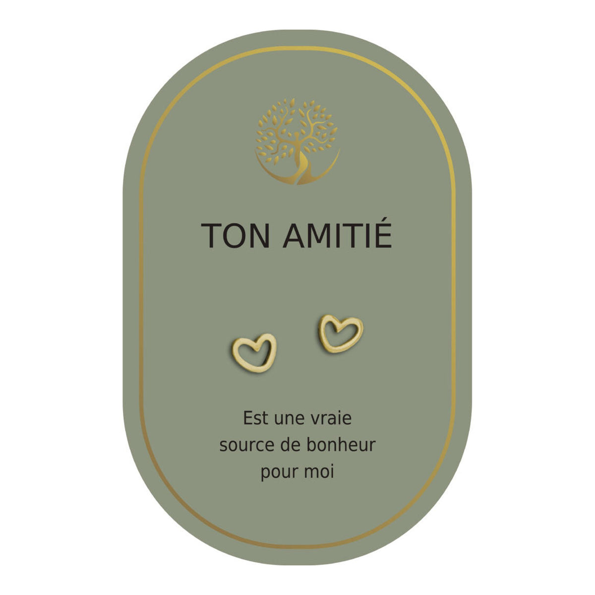 Boucles d’oreilles en cœurs dorés sur carte verte Earth Angel « Ton amitié ».