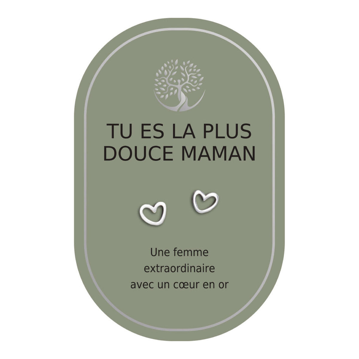 Boucles d’oreilles en cœurs argentés sur carte verte Earth Angel « Tu es la plus douce maman ».