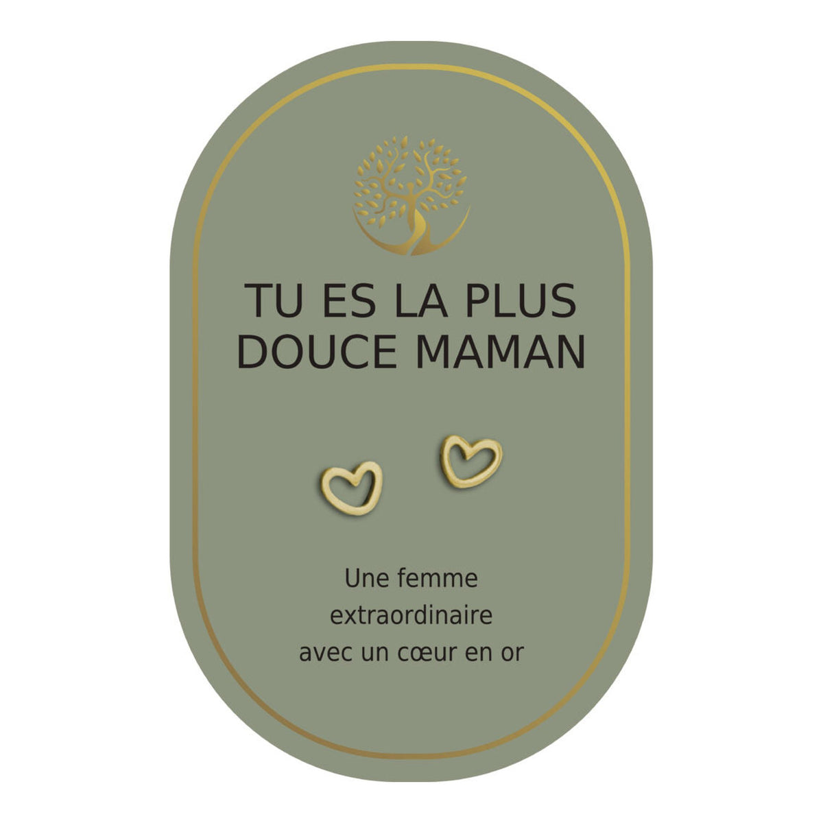Boucles d’oreilles en cœurs dorés sur carte verte Earth Angel « Tu es la plus douce maman ».