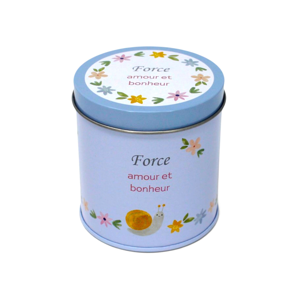 Bougie InnerVoice « Force, amour et bonheur » en boîte métallique bleue, avec couvercle fermé et décor floral.