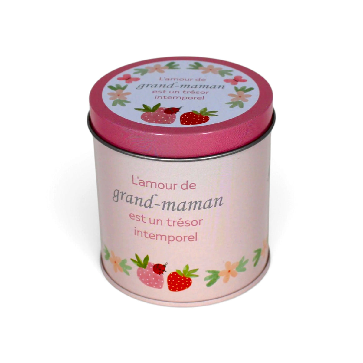 Bougie InnerVoice « L’amour de grand-maman est un trésor intemporel » en boîte métallique rose, avec couvercle fermé et décor floral.