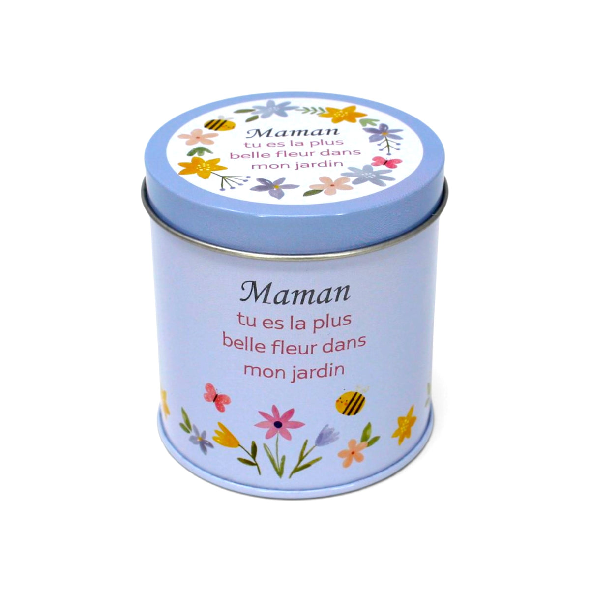 Bougie InnerVoice « Maman, tu es la plus belle fleur dans mon jardin » en boîte métallique bleue, avec couvercle fermé et décor floral.