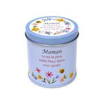 Bougie InnerVoice « Maman, tu es la plus belle fleur dans mon jardin » en boîte métallique bleue, avec couvercle fermé et décor floral.