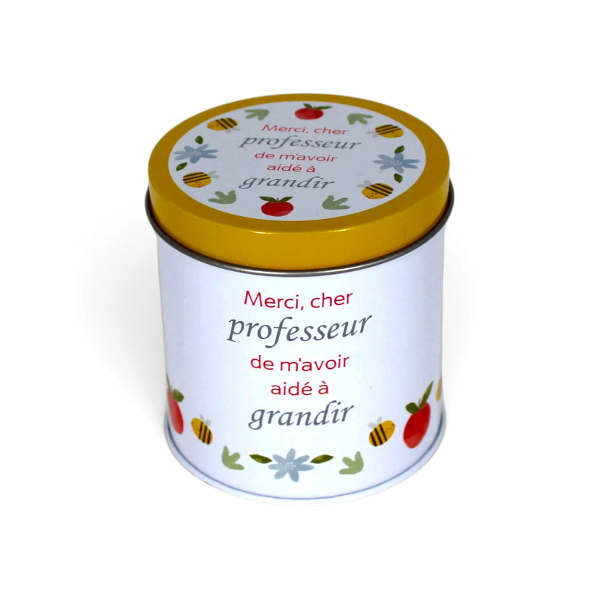 Bougie InnerVoice « Merci, cher professeur de m’avoir aidé à grandir » en boîte métallique blanche, avec couvercle fermé et décor floral.