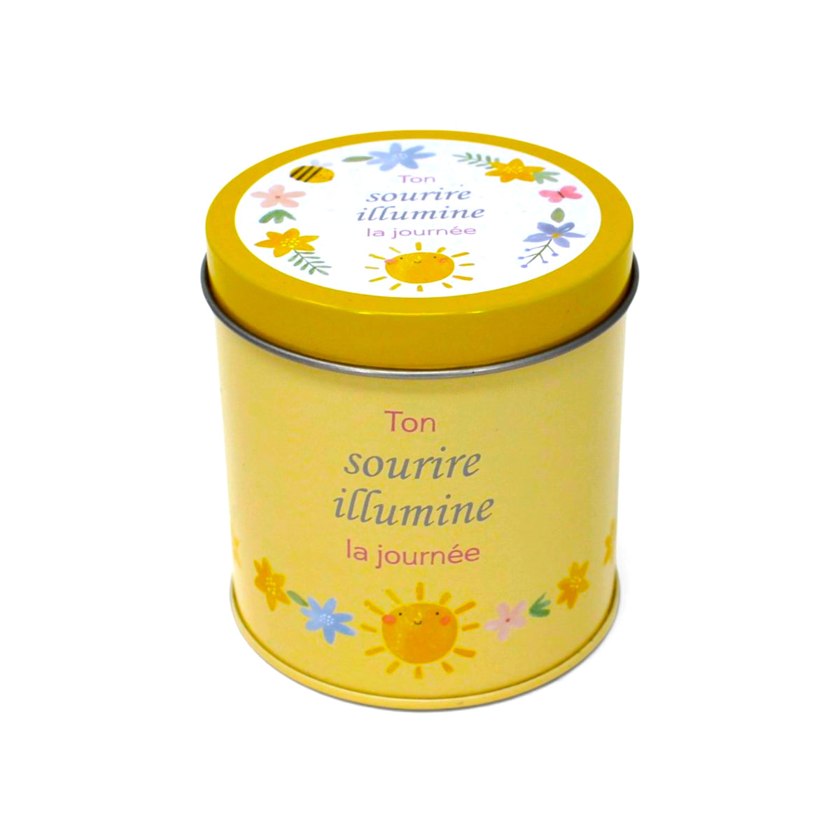 Bougie InnerVoice « Ton sourire illumine la journée » en boîte métallique jaune, avec couvercle fermé et décor floral.