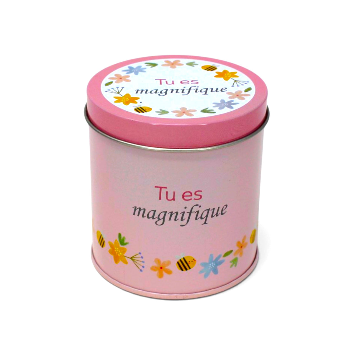 Bougie InnerVoice « Tu es magnifique » en boîte métallique rose, avec couvercle fermé et décor floral.