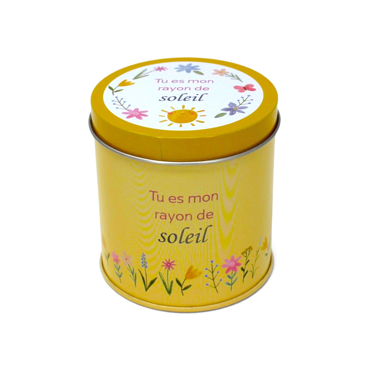 Bougie InnerVoice « Tu es mon rayon de soleil » en boîte métallique jaune, avec couvercle fermé et décor floral.