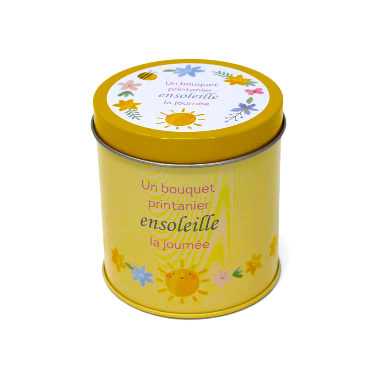 Bougie InnerVoice « Un bouquet printanier ensoleille la journée » en boîte métallique jaune, avec couvercle fermé et décor floral.