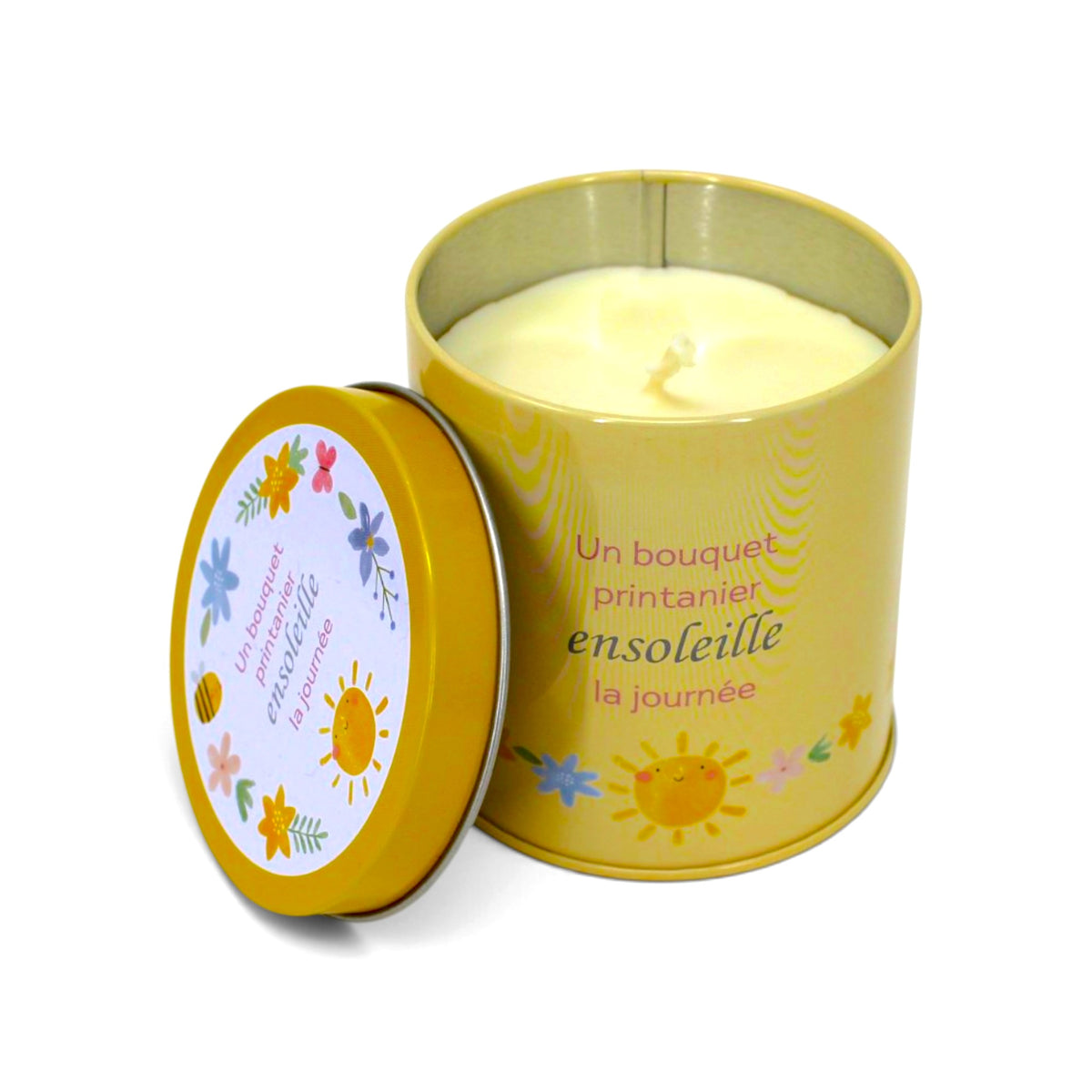Bougie InnerVoice « Un bouquet printanier ensoleille la journée » en boîte métallique jaune, ouverte avec la cire et la mèche visibles, couvercle posé à côté.